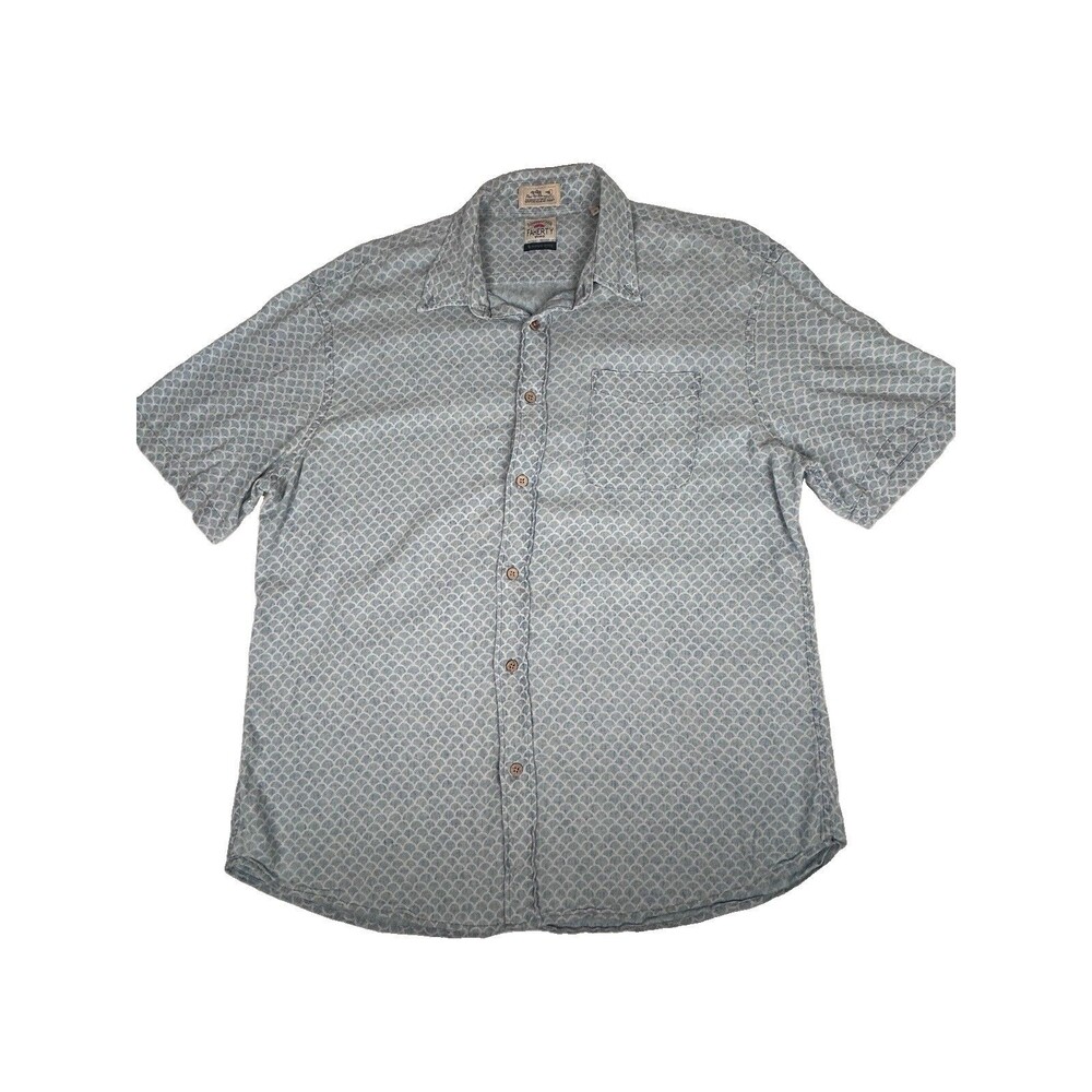 Faherty Indigo Dyed Button Down Shirt Short Sleeve Scallop Fish Scales Sz L